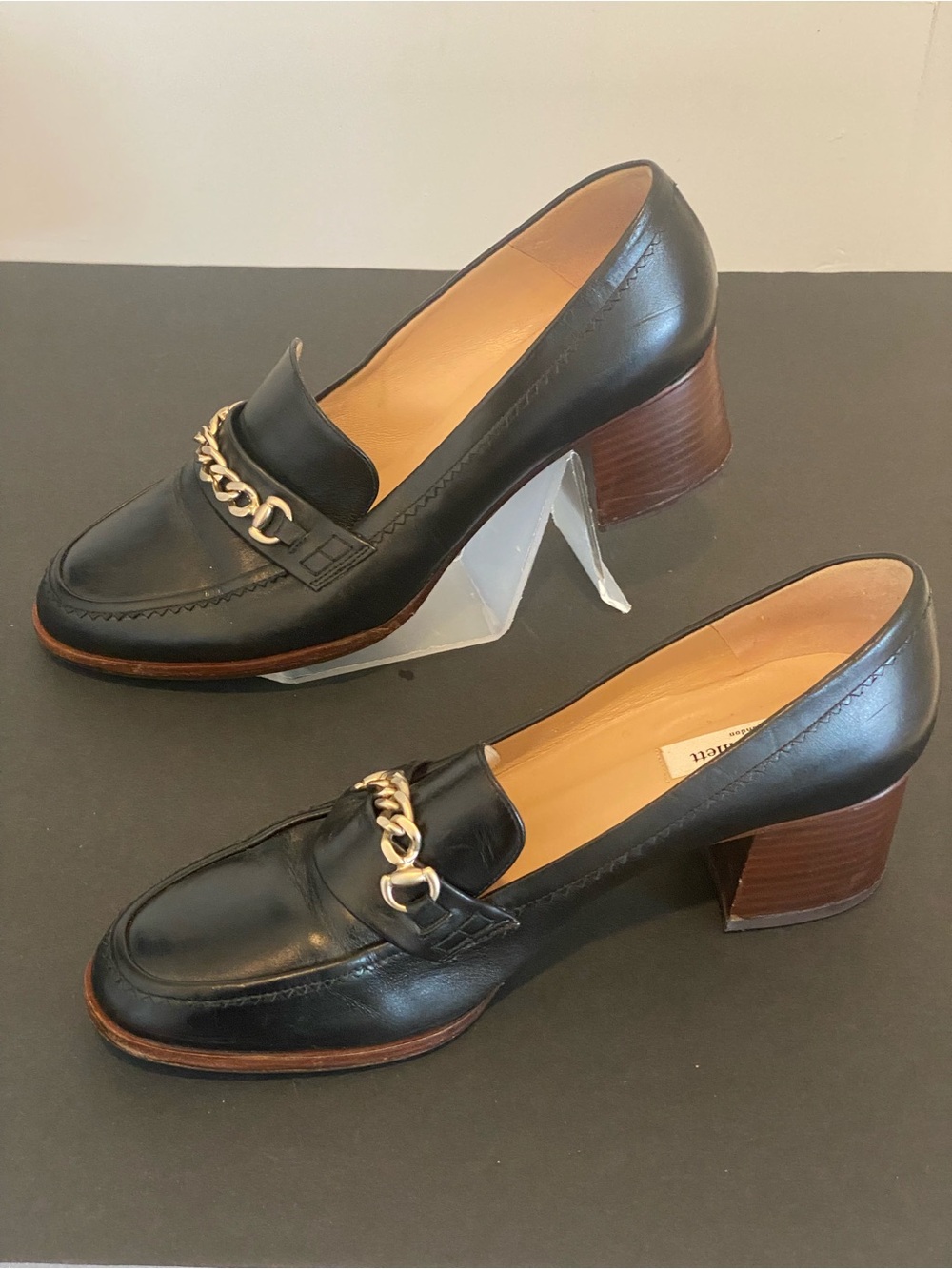L.K. Bennett Johanna Black Leather Block Heel Loafer Pumps Silver Chain Detail 9